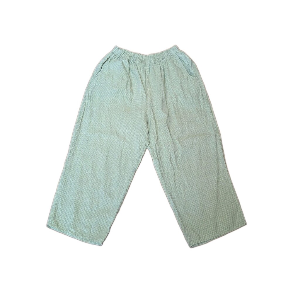 FLAX Large Linen Green Gingham Wide Leg Pants Elastic Waist Lagenlook Natural